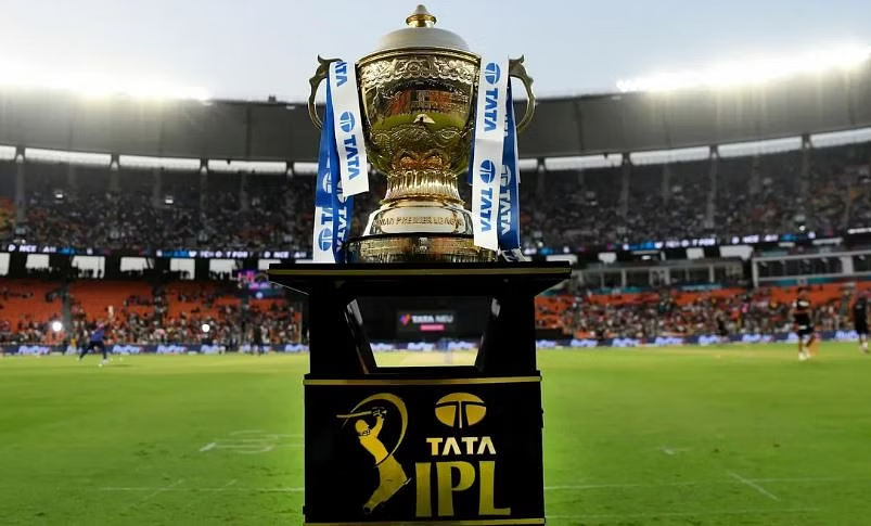 A view of the TATA IPL trophy inside the Narendra Modi Stadium in Ahmedabad